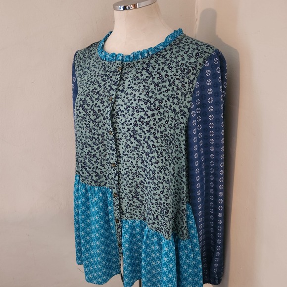 LOGO Lori Goldstein Colorblock Floral Print Ruffle Neck Long Sleeve Tunic Top S - Picture 5 of 5